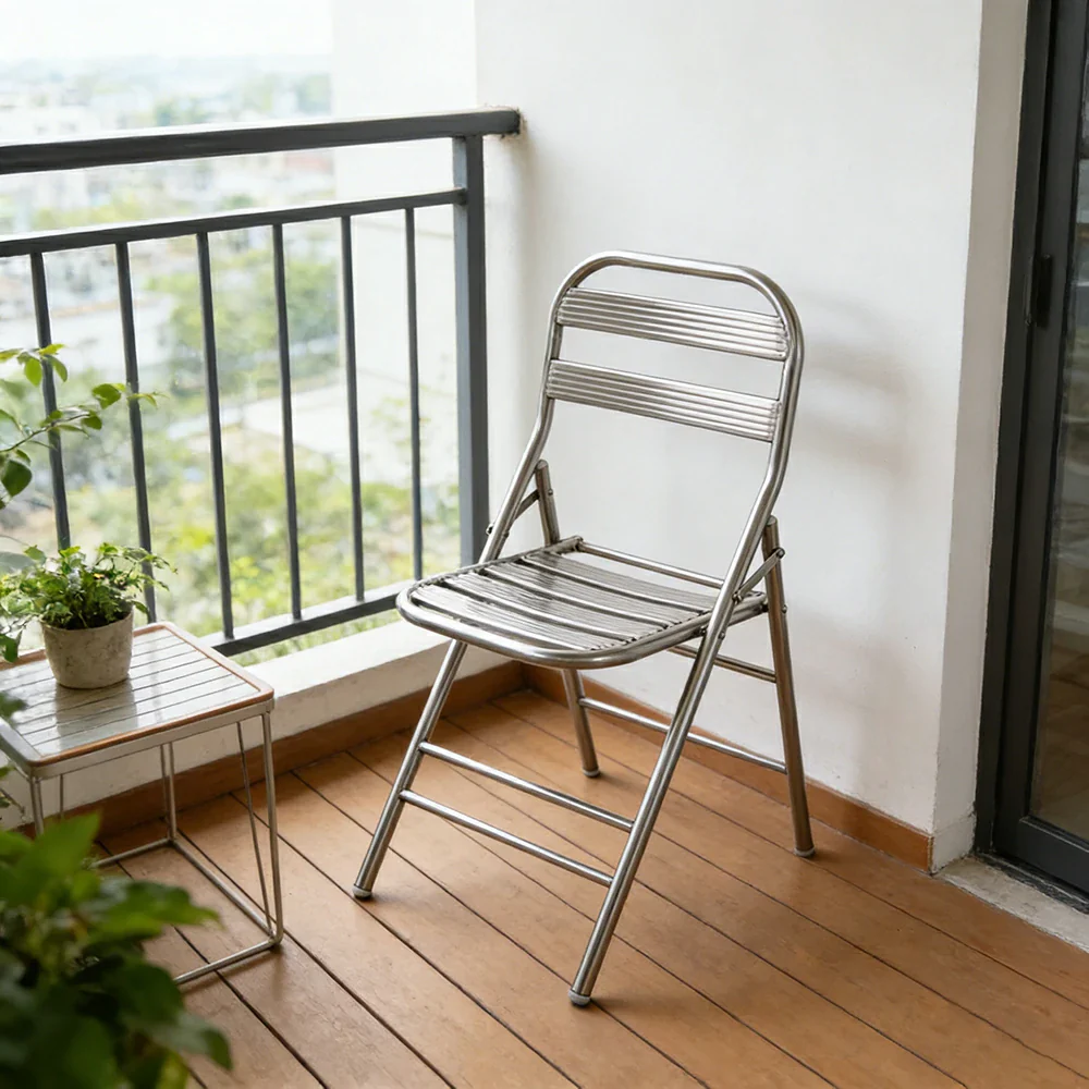 SOLARA Foldable Stainless Steel Chair 304 Anti-Rust Heavy Duty Space Saving Portable Seating for Home Kitchen Balcony - Silver - Image 4