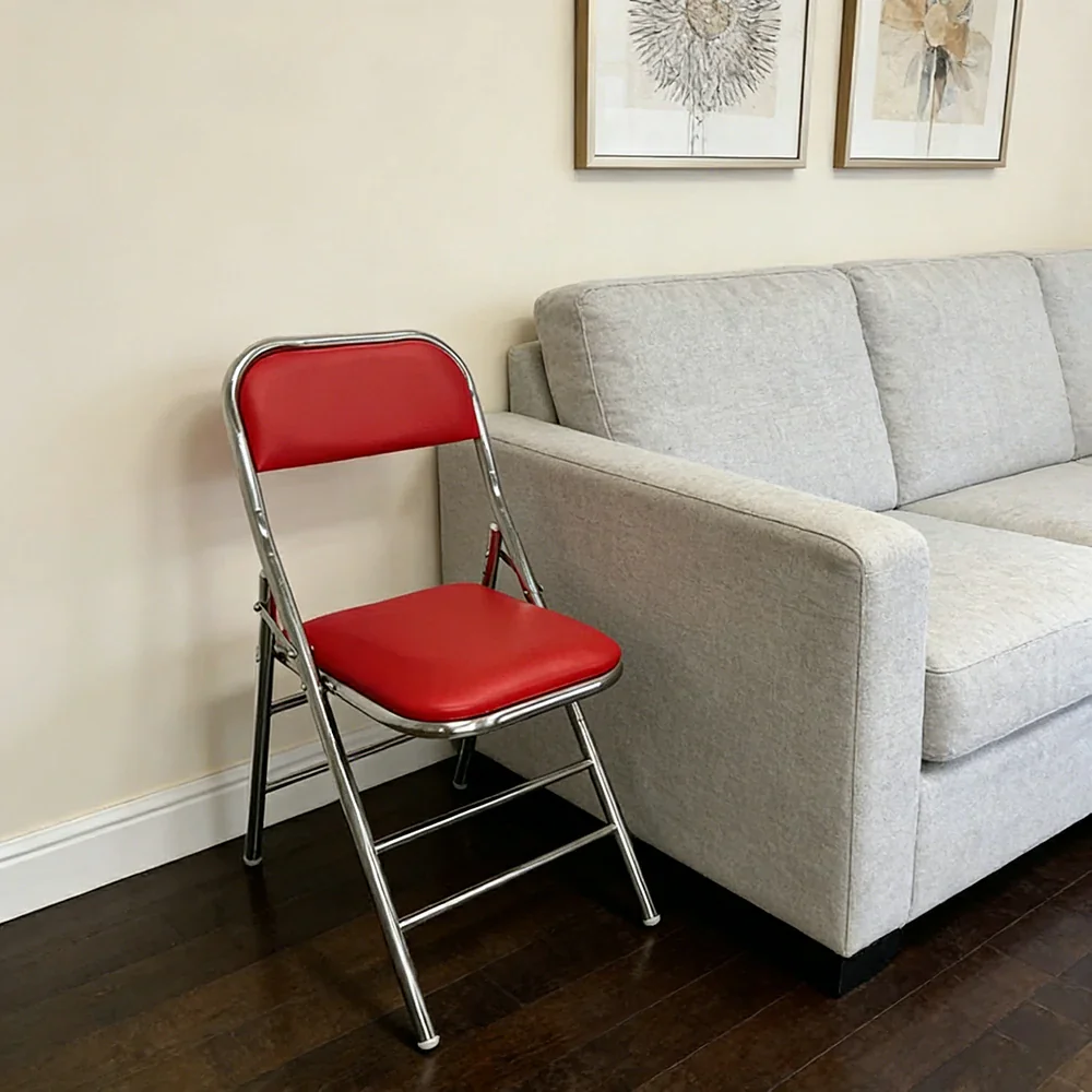 SOLARA Foldable Stainless Steel Chair 304 Anti-Rust PU Leather Seat Heavy Duty Space Saving Portable Seating for Home Kitchen Balcony - Red - Image 2