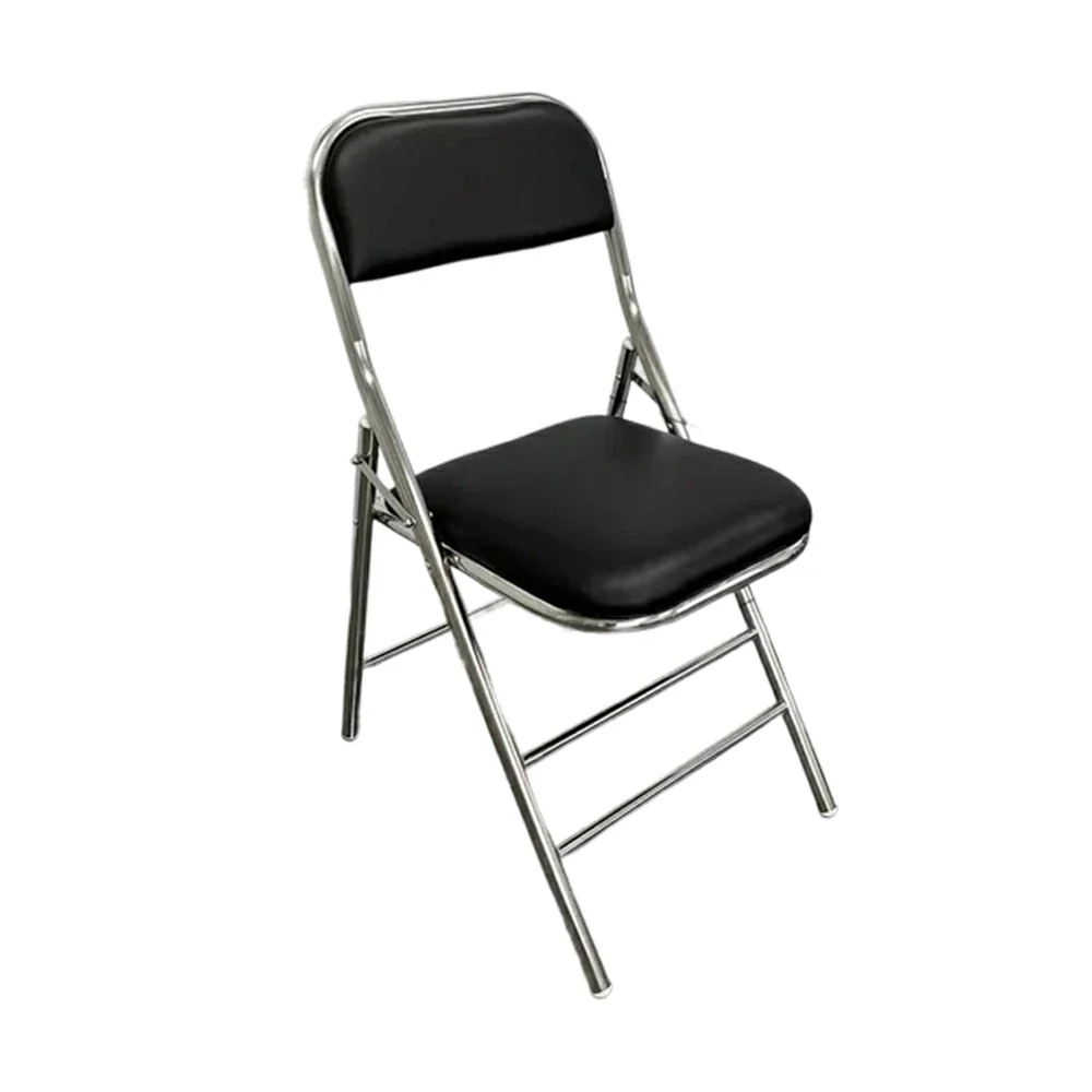 SOLARA Foldable Stainless Steel Chair 304 Anti-Rust PU Leather Seat Heavy Duty Space Saving Portable Seating for Home Kitchen Balcony - Black