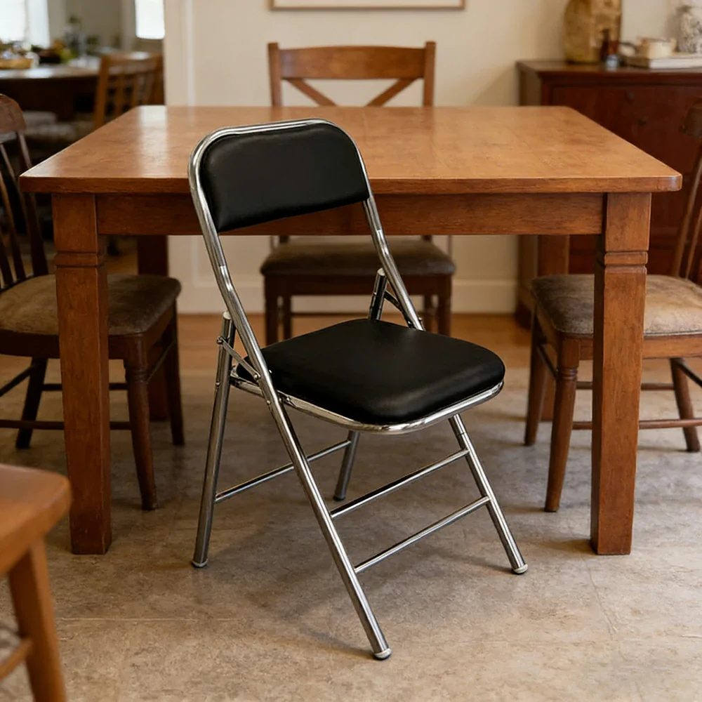 SOLARA Foldable Stainless Steel Chair 304 Anti-Rust PU Leather Seat Heavy Duty Space Saving Portable Seating for Home Kitchen Balcony - Black - Image 4