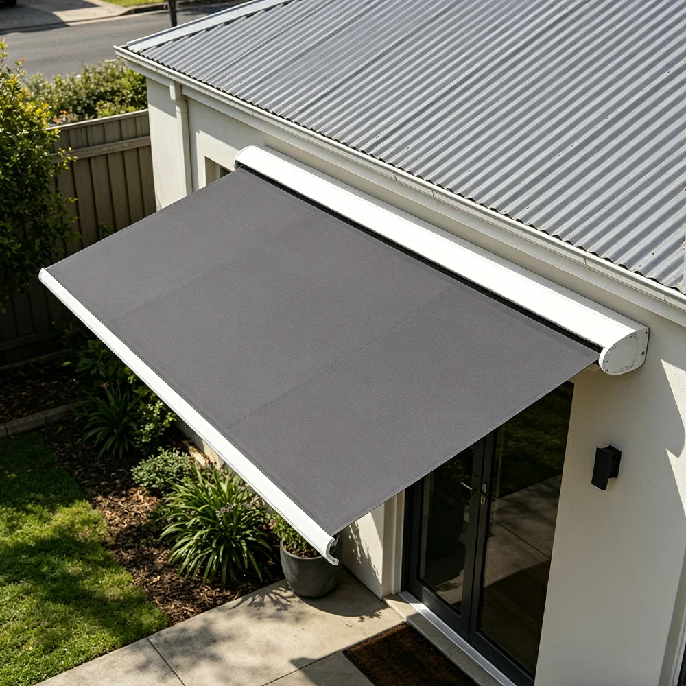 SOLARA Electric Retractable Awning White Frame Remote Control Waterproof Aluminium 300/400/500cm Patio Balcony Outdoor Use - Dark Grey - Image 2