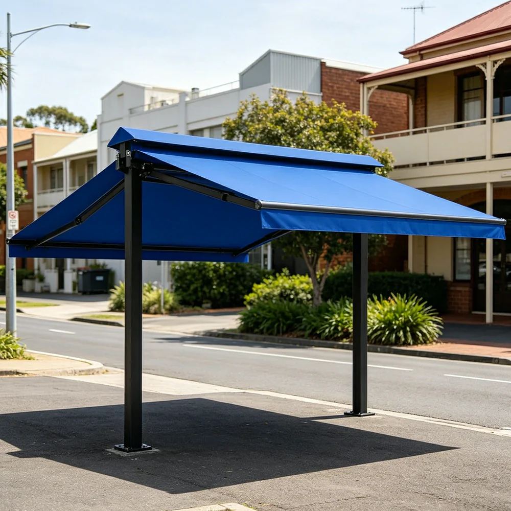 SOLARA Double Folding Awning Large Shade Waterproof Aluminium Frame 300/400/500cm Patio Cafe Backyard Use - Blue - Image 2