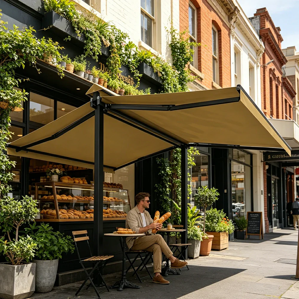 SOLARA Double Folding Awning Large Shade Waterproof Aluminium Frame 300/400/500cm Patio Cafe Backyard Use - Khaki - Image 5