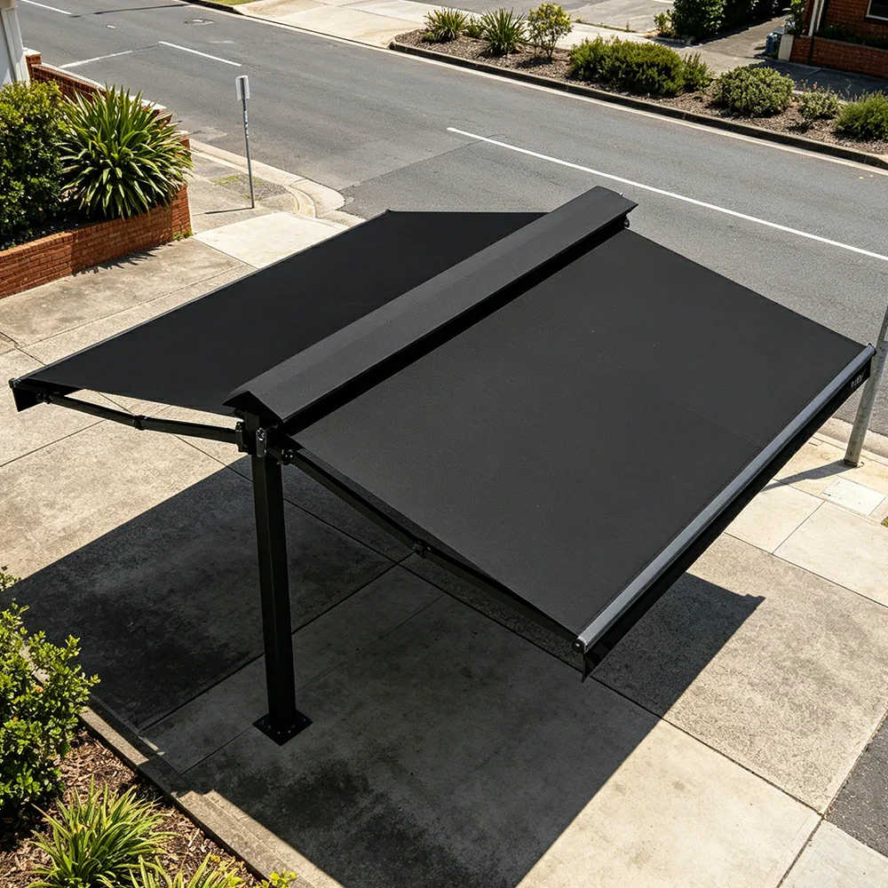 SOLARA Double Folding Awning Large Shade Waterproof Aluminium Frame 300/400/500cm Patio Cafe Backyard Use - Black - Image 4