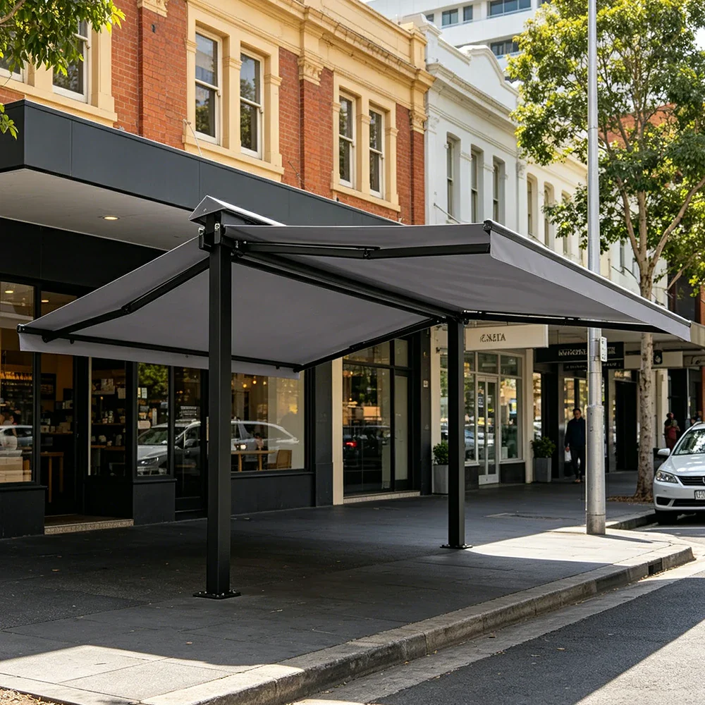SOLARA Double Folding Awning Large Shade Waterproof Aluminium Frame 300/400/500cm Patio Cafe Backyard Use - Light Grey - Image 2