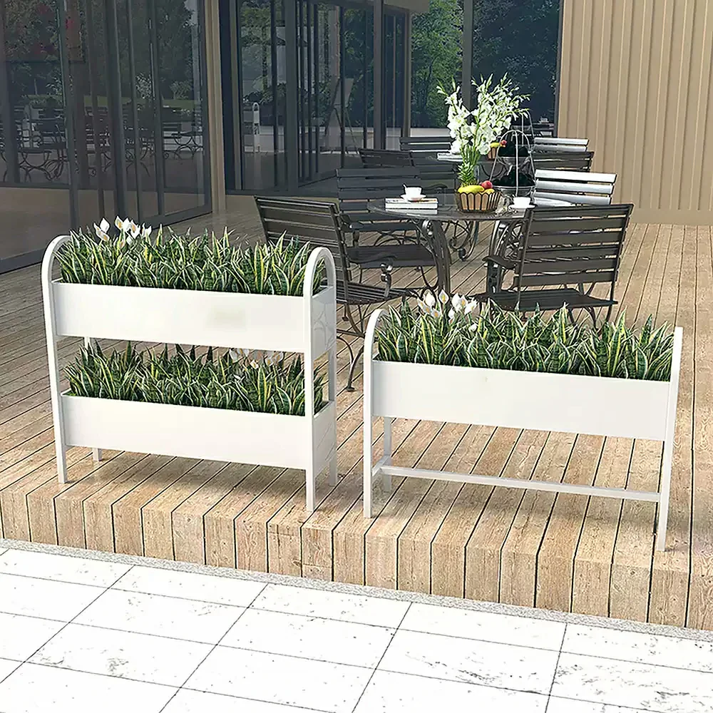 SOLARA Outdoor Planter Box Double Layer Lightweight Galvanised Steel Modular Design 100/120cm Patio Balcony Cafe Use - White - Image 2