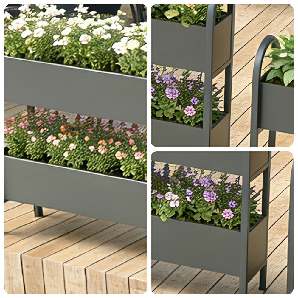 SOLARA Outdoor Planter Box Double Layer Lightweight Galvanised Steel Modular Design 100/120cm Patio Balcony Cafe Use - Black - Image 3