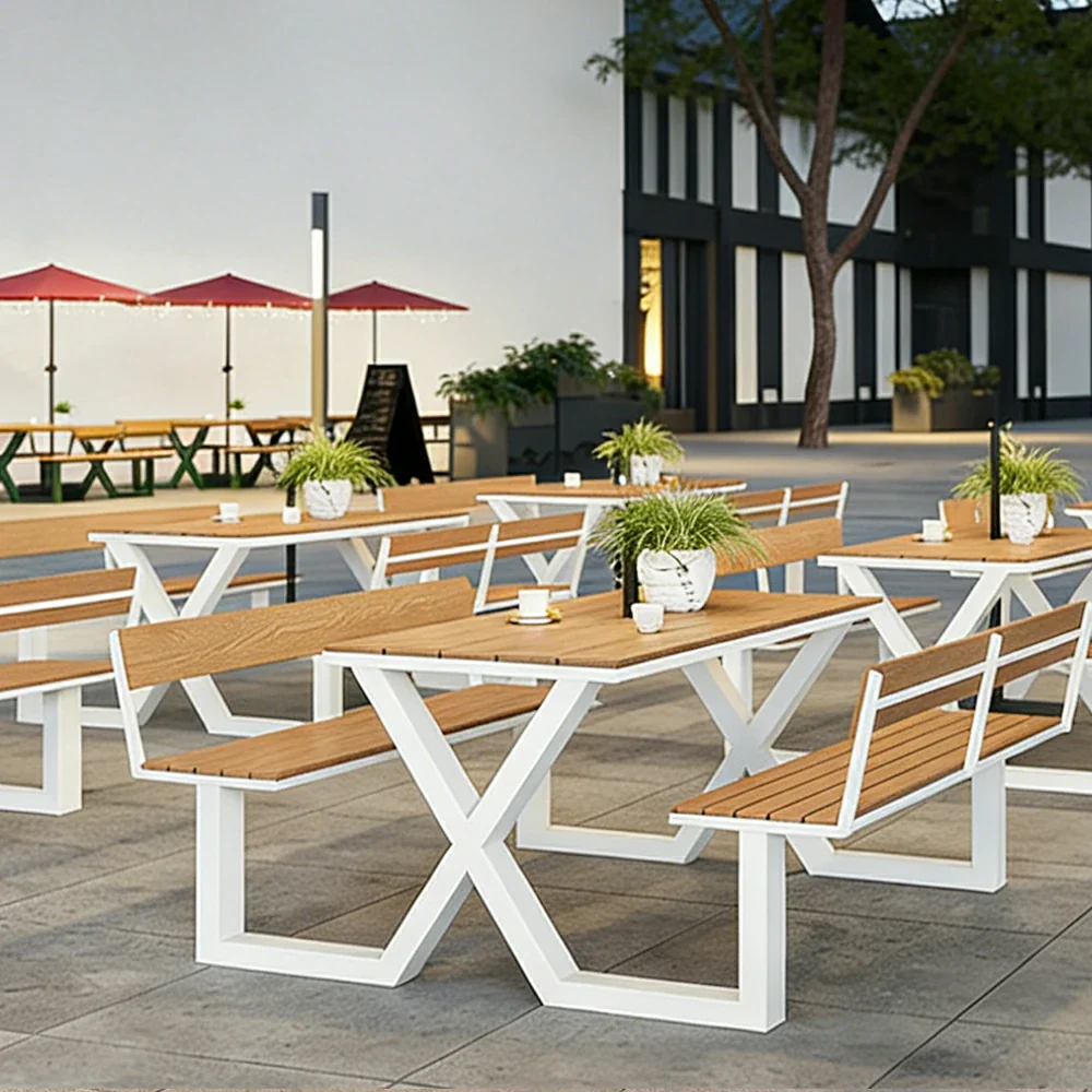 SOLARA Outdoor Table and Bench Set Backrest Design Heavy Duty Steel Frame 120/160/200cm Patio Garden Dining Set No Umbrella - White - Image 2