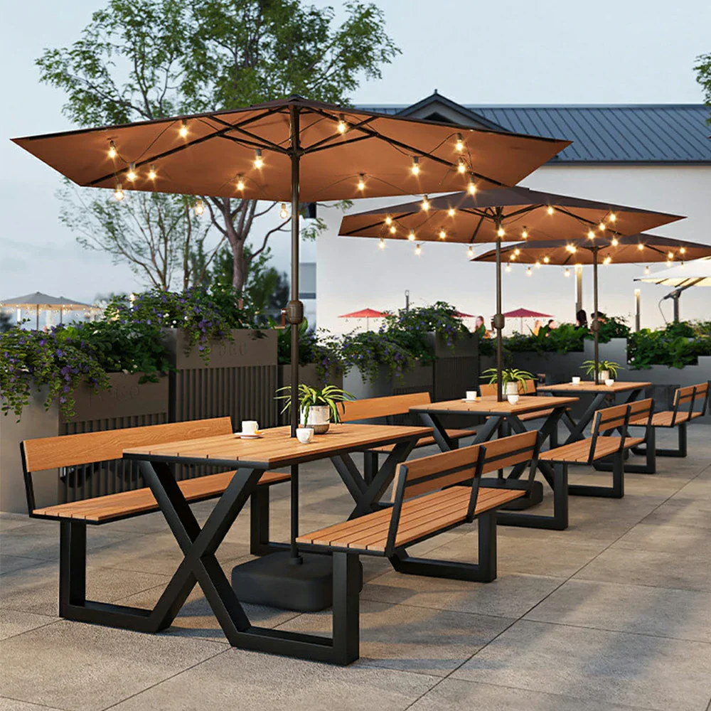 SOLARA Outdoor Table and Bench Set with Umbrella Backrest Design Steel Frame 120/160/200cm Patio Garden Dining Set Weather Resistant - Black - Image 2