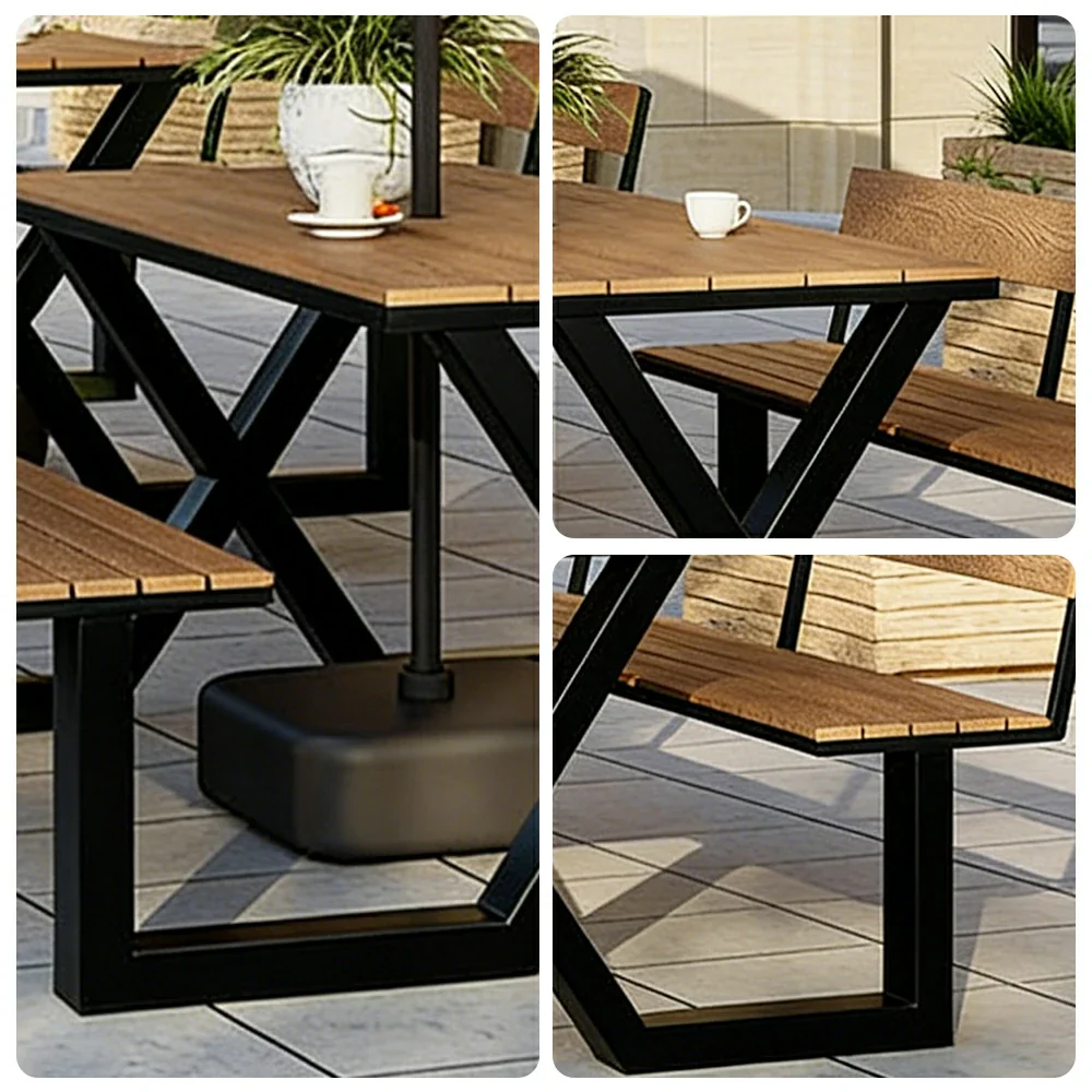 SOLARA Outdoor Table and Bench Set with Umbrella Backrest Design Steel Frame 120/160/200cm Patio Garden Dining Set Weather Resistant - Black - Image 3