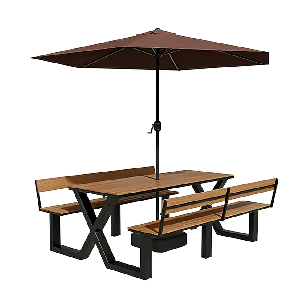 SOLARA Outdoor Table and Bench Set with Umbrella Backrest Design Steel Frame 120/160/200cm Patio Garden Dining Set Weather Resistant - Black - Image 6