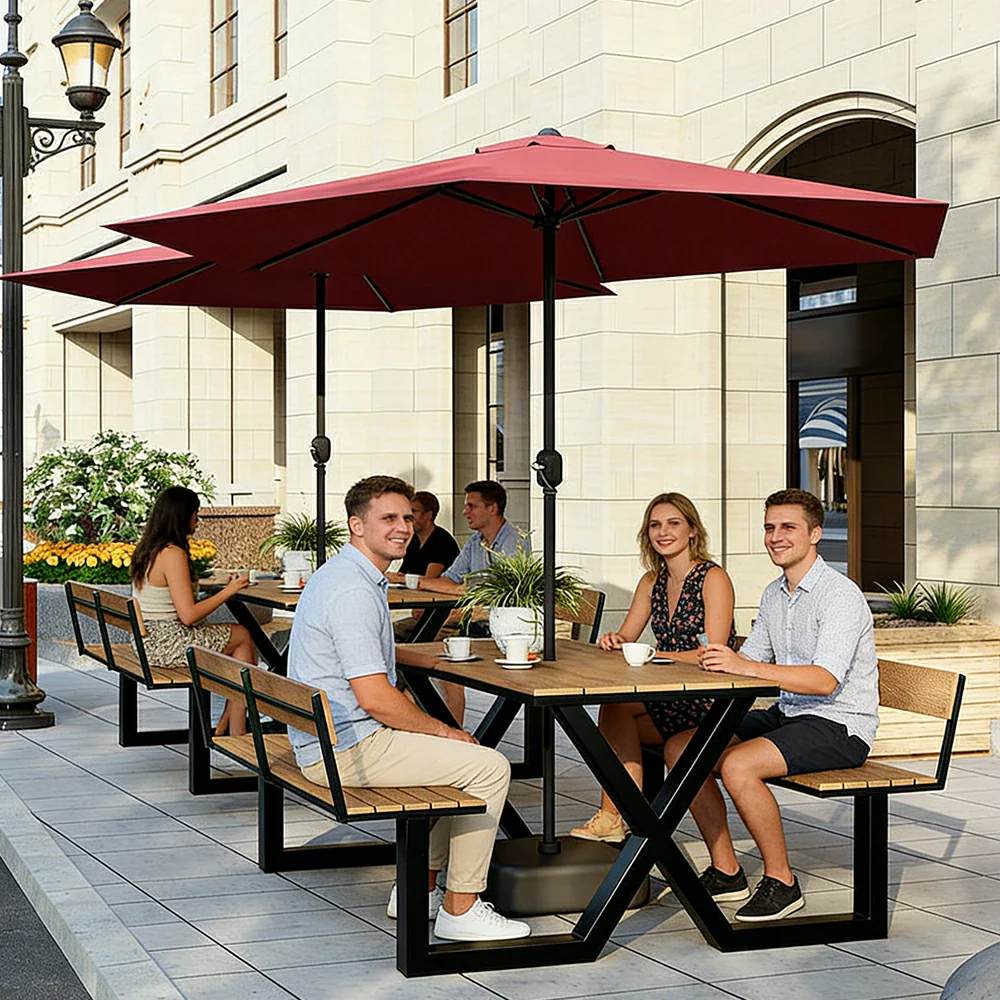SOLARA Outdoor Table and Bench Set with Umbrella Backrest Design Steel Frame 120/160/200cm Patio Garden Dining Set Weather Resistant - Black - Image 8