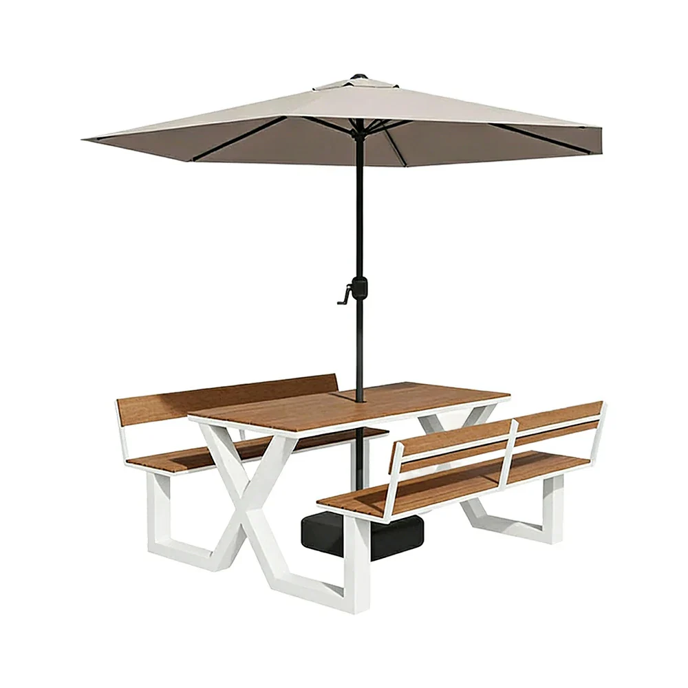 SOLARA Outdoor Table and Bench Set with Umbrella Backrest Design Steel Frame 120/160/200cm Patio Garden Dining Set Weather Resistant - White