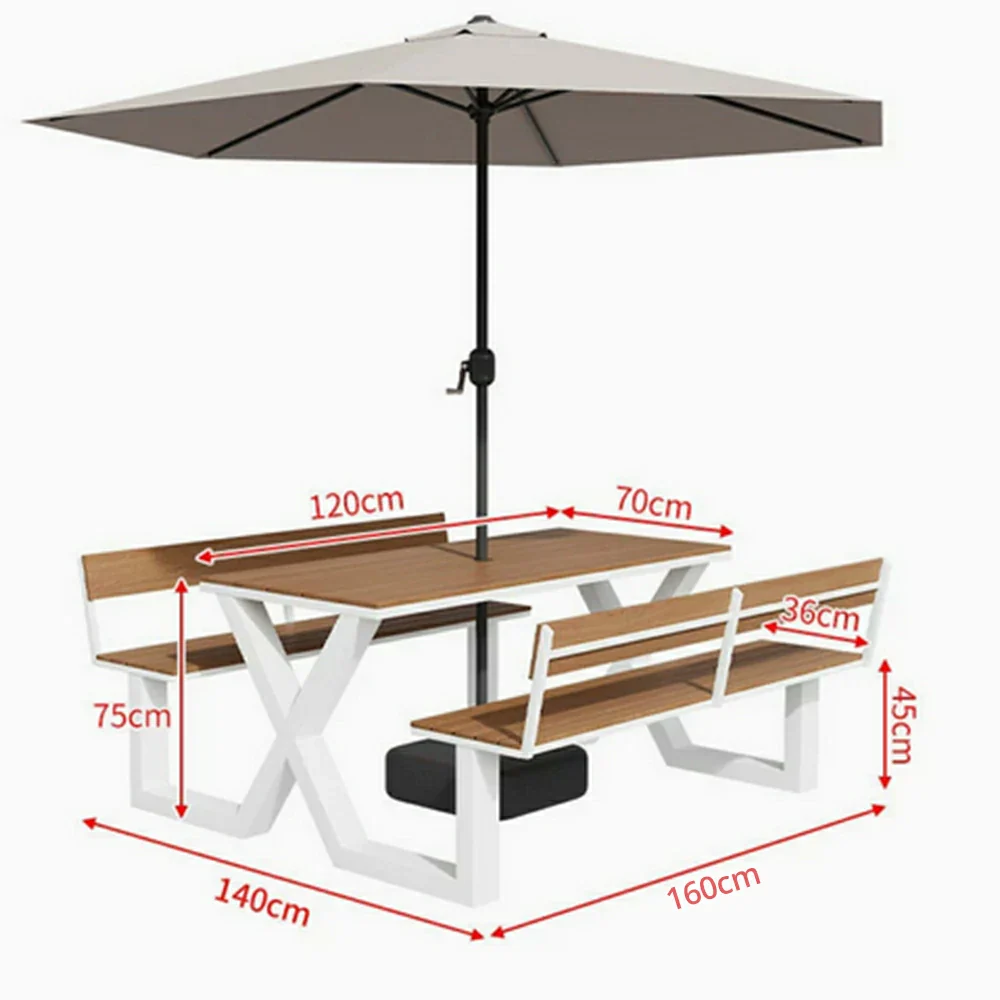 SOLARA Outdoor Table and Bench Set with Umbrella Backrest Design Steel Frame 120/160/200cm Patio Garden Dining Set Weather Resistant - White - Image 10