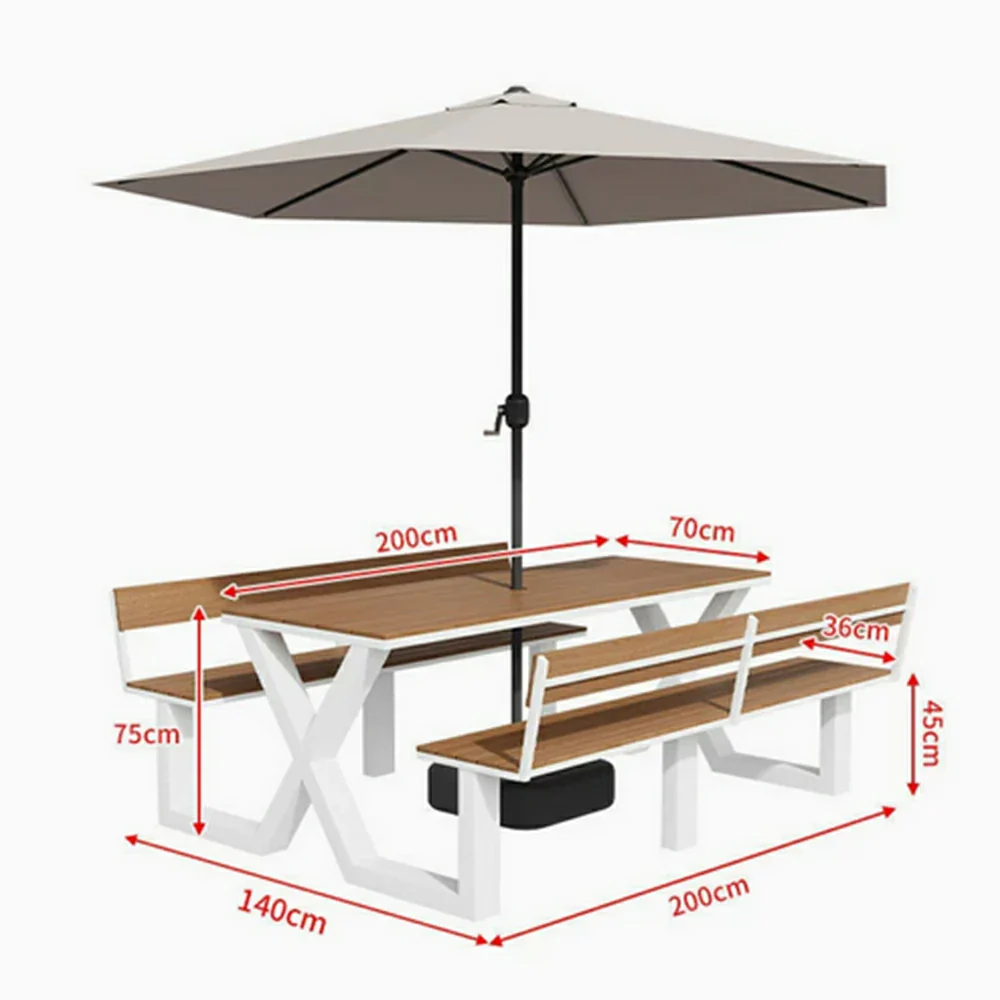 SOLARA Outdoor Table and Bench Set with Umbrella Backrest Design Steel Frame 120/160/200cm Patio Garden Dining Set Weather Resistant - White - Image 11