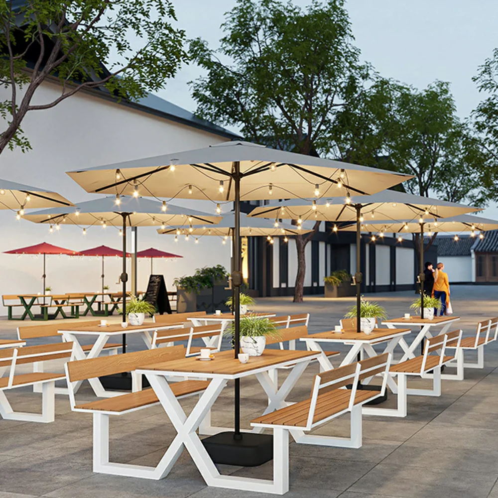 SOLARA Outdoor Table and Bench Set with Umbrella Backrest Design Steel Frame 120/160/200cm Patio Garden Dining Set Weather Resistant - White - Image 2