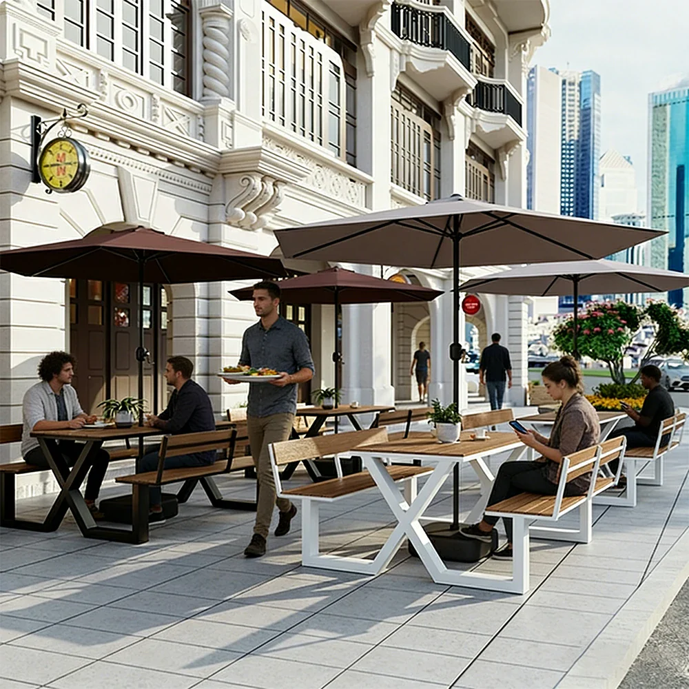 SOLARA Outdoor Table and Bench Set with Umbrella Backrest Design Steel Frame 120/160/200cm Patio Garden Dining Set Weather Resistant - White - Image 5