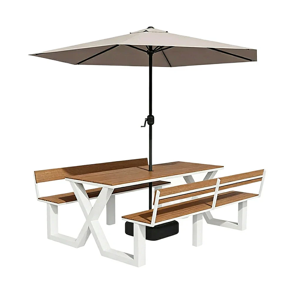 SOLARA Outdoor Table and Bench Set with Umbrella Backrest Design Steel Frame 120/160/200cm Patio Garden Dining Set Weather Resistant - White - Image 6