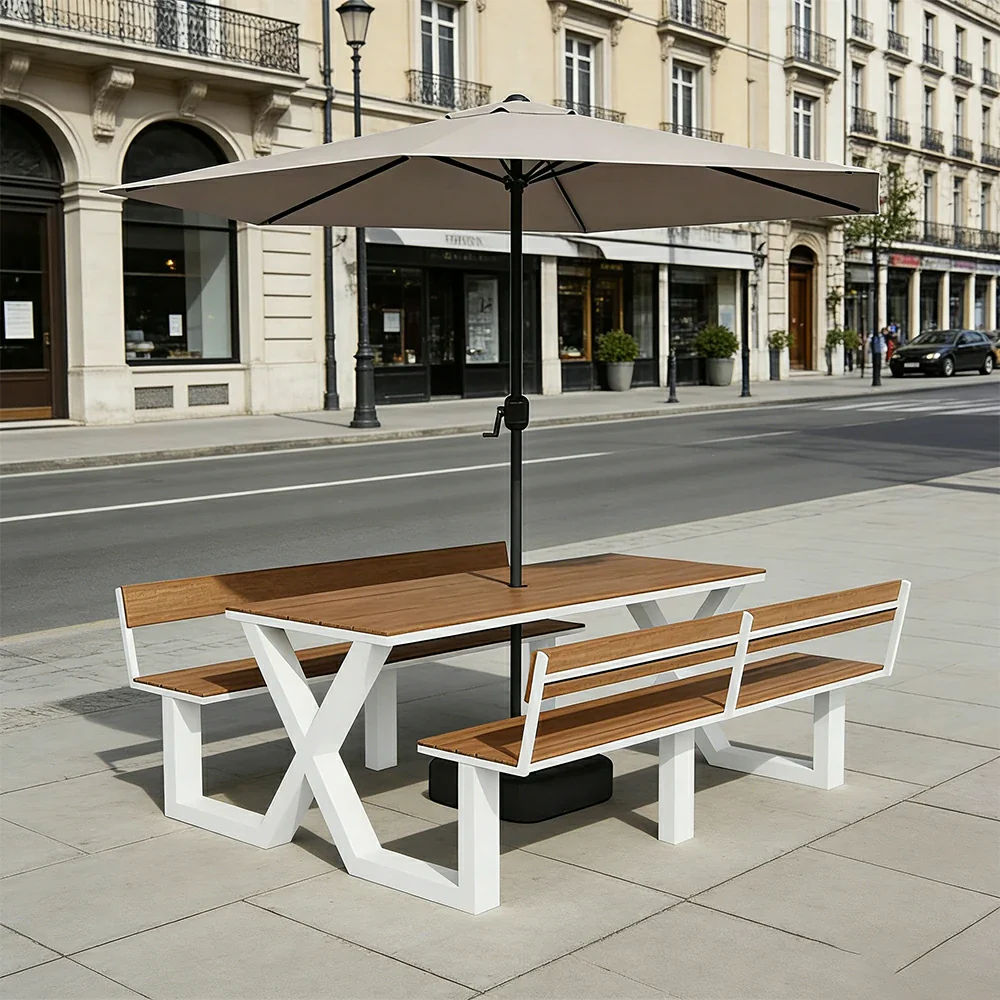 SOLARA Outdoor Table and Bench Set with Umbrella Backrest Design Steel Frame 120/160/200cm Patio Garden Dining Set Weather Resistant - White - Image 7
