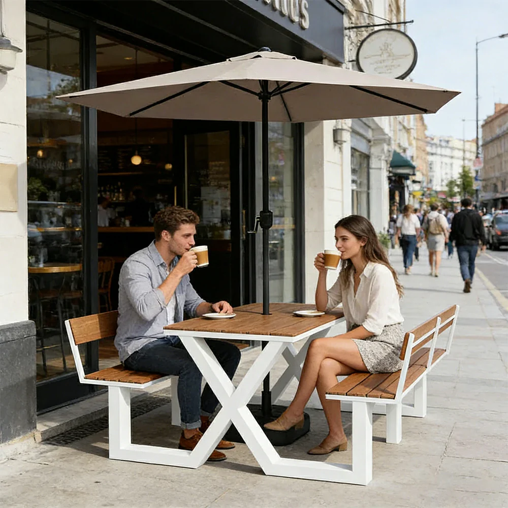 SOLARA Outdoor Table and Bench Set with Umbrella Backrest Design Steel Frame 120/160/200cm Patio Garden Dining Set Weather Resistant - White - Image 8