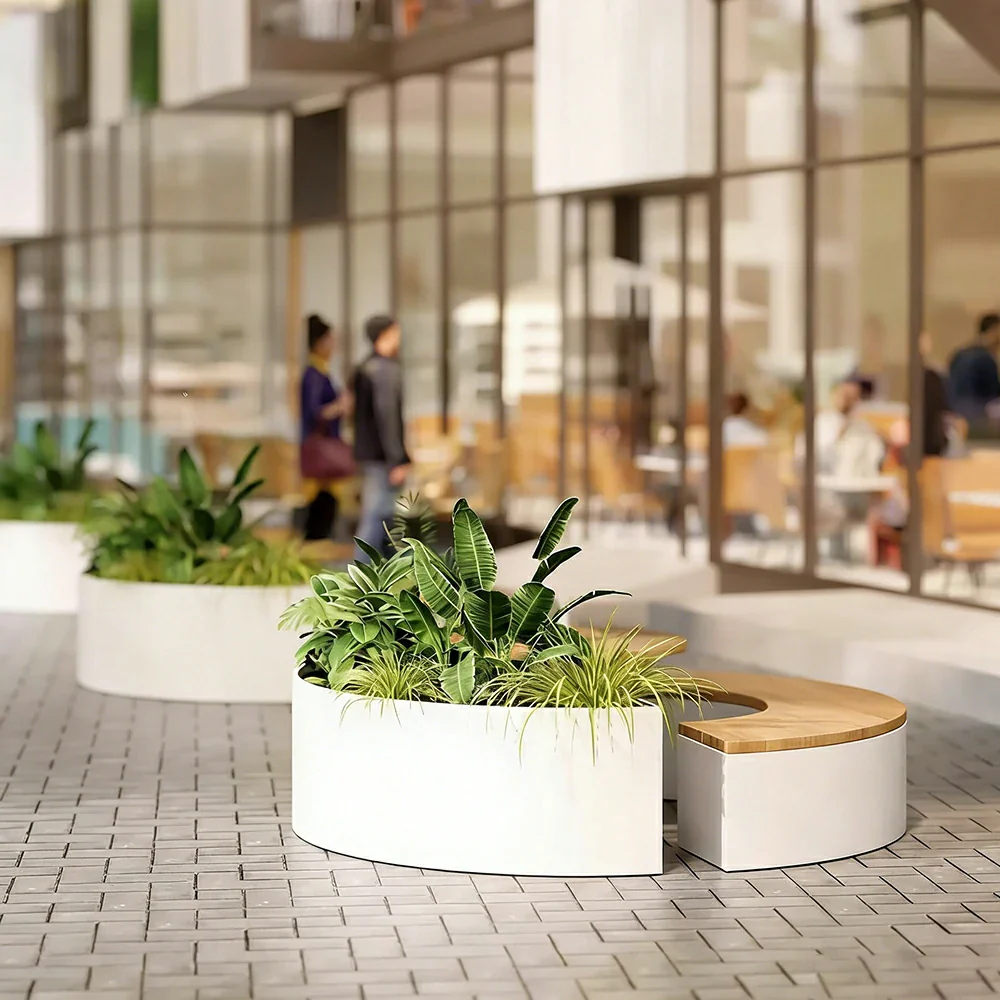 SOLARA Circular Planter Bench Integrated Seat and Table 140/160cm for Outdoor Squares Courtyards Parks - White - Image 4