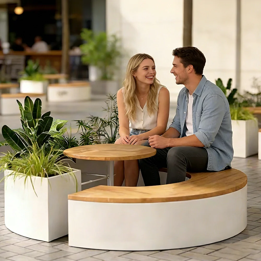 SOLARA Circular Planter Bench Integrated Seat and Table 140/160cm for Outdoor Squares Courtyards Parks - White - Image 5