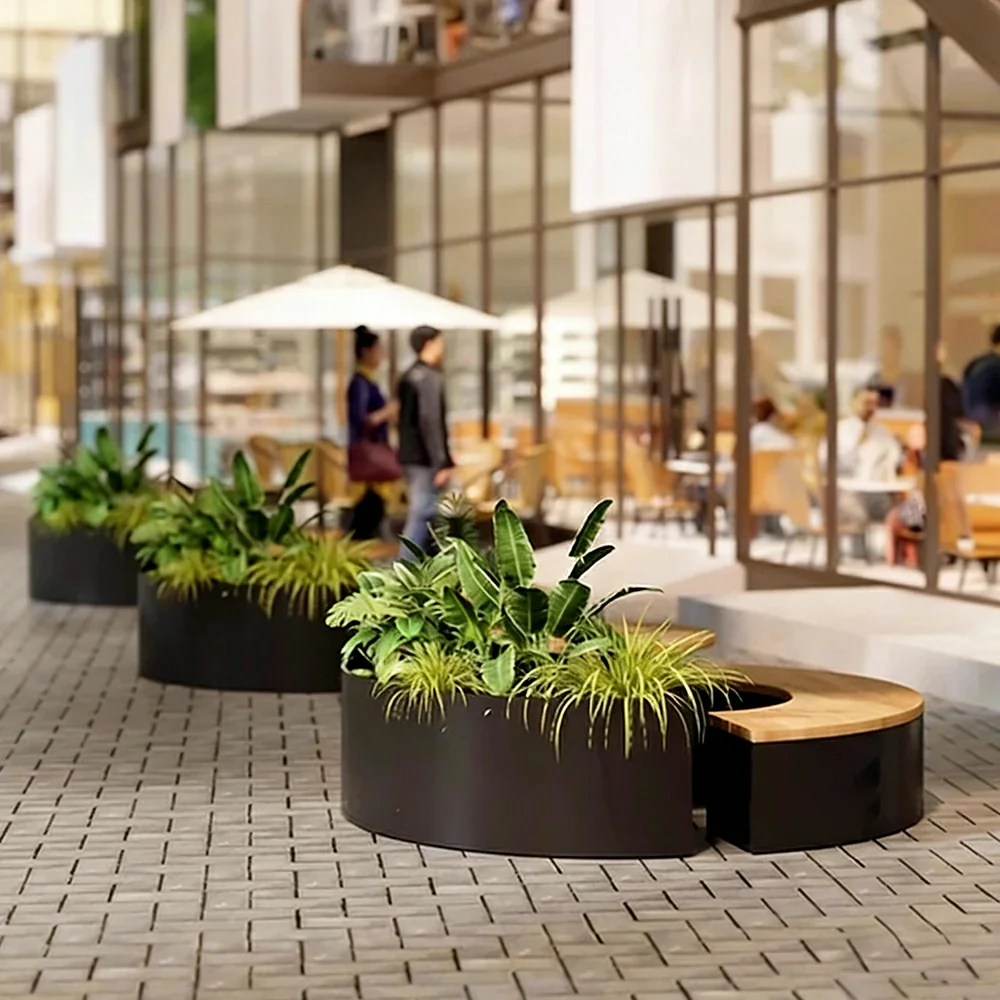SOLARA Circular Planter Bench Integrated Seat and Table 140/160cm for Outdoor Squares Courtyards Parks - Black - Image 4