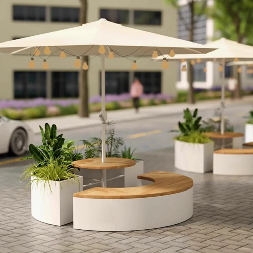 SOLARA Circular Planter Bench with Umbrella Integrated Seat and Table 140/160cm for Outdoor Squares Courtyards Parks - White - Image 2