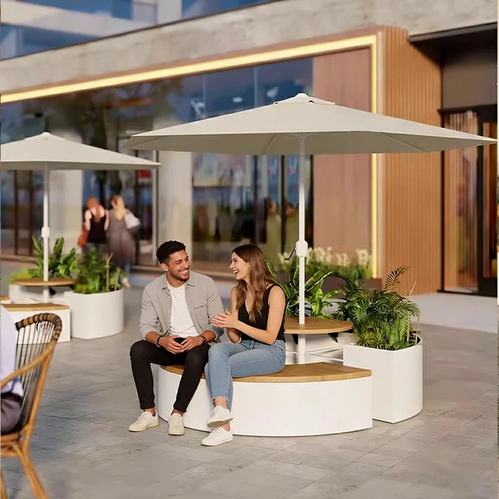 SOLARA Circular Planter Bench with Umbrella Integrated Seat and Table 140/160cm for Outdoor Squares Courtyards Parks - White - Image 5