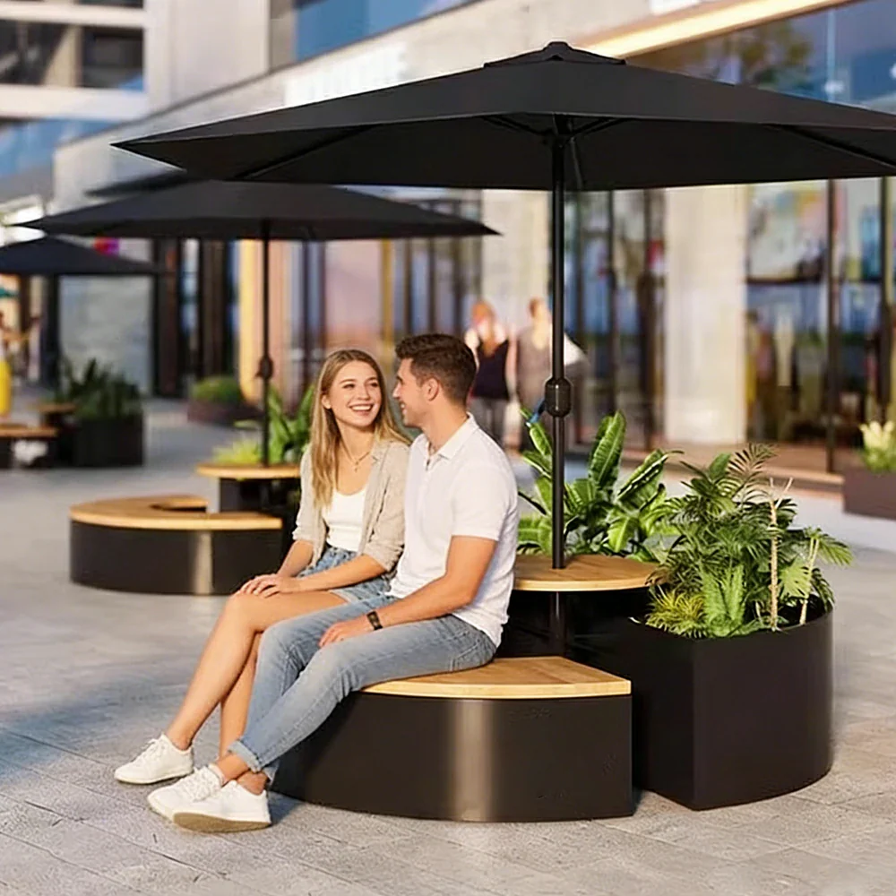 SOLARA Circular Planter Bench with Umbrella Integrated Seat and Table 140/160cm for Outdoor Squares Courtyards Parks - Black - Image 5