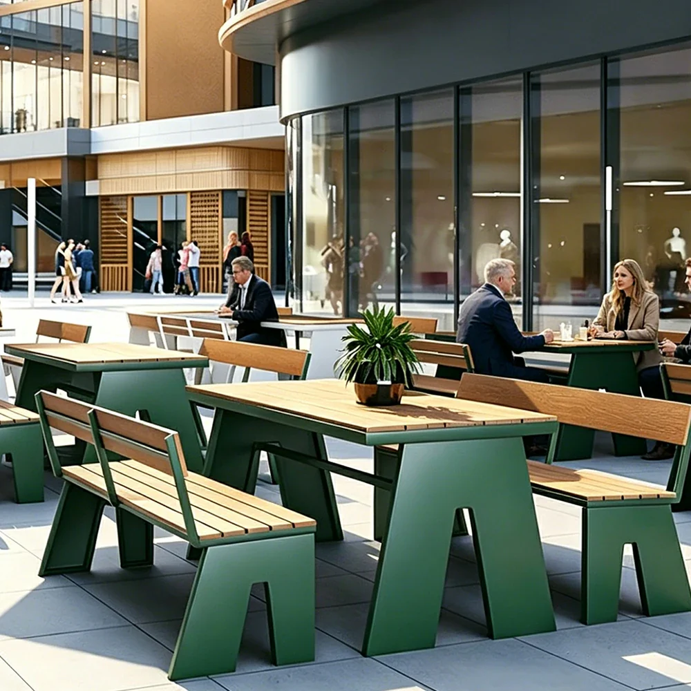 SOLARA Outdoor Table and Bench Set Waterproof WPC and Metal Frame 120/140/160cm for Garden Patio Hotel - Green - Image 2