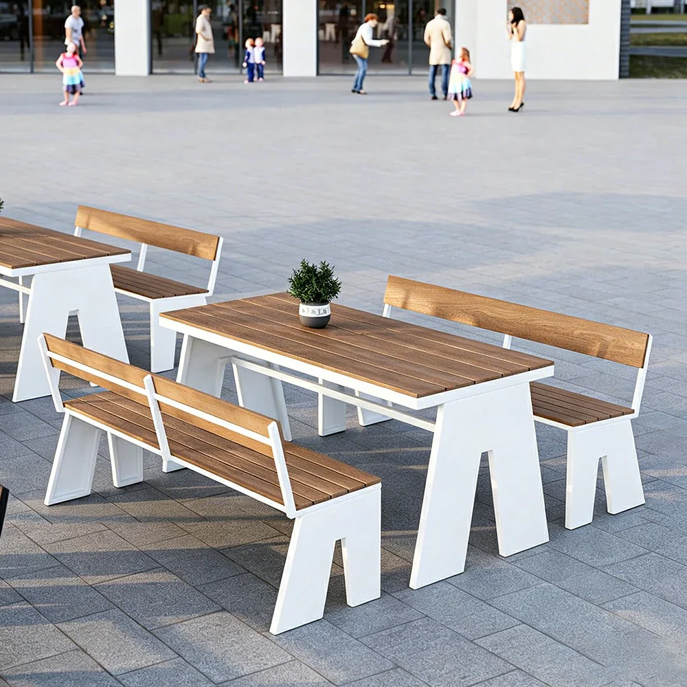 SOLARA Outdoor Table and Bench Set Waterproof WPC and Metal Frame 120/140/160cm for Garden Patio Hotel - White - Image 4