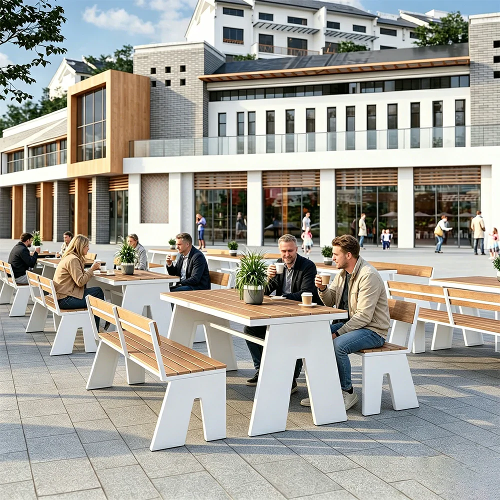 SOLARA Outdoor Table and Bench Set Waterproof WPC and Metal Frame 120/140/160cm for Garden Patio Hotel - White - Image 5