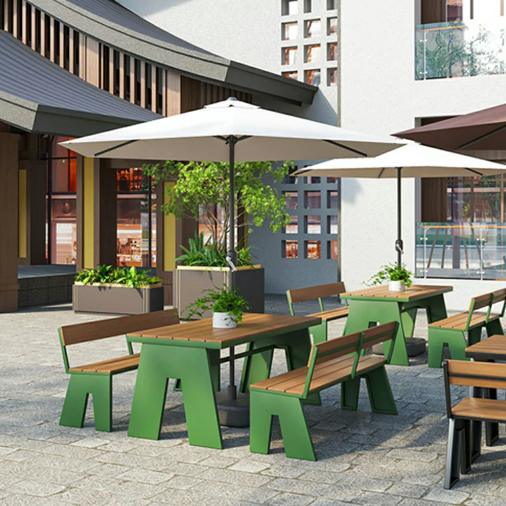 SOLARA Outdoor Table and Bench Set with Umbrella Waterproof WPC and Metal Frame 120/140/160cm for Garden Patio Hotel - Green - Image 4