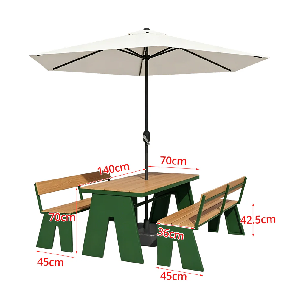 SOLARA Outdoor Table and Bench Set with Umbrella Waterproof WPC and Metal Frame 120/140/160cm for Garden Patio Hotel - Green - Image 7