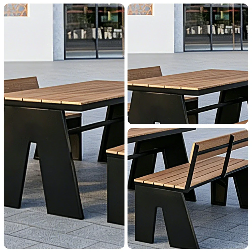 SOLARA Outdoor Table and Bench Set with Umbrella Waterproof WPC and Metal Frame 120/140/160cm for Garden Patio Hotel - Black - Image 3