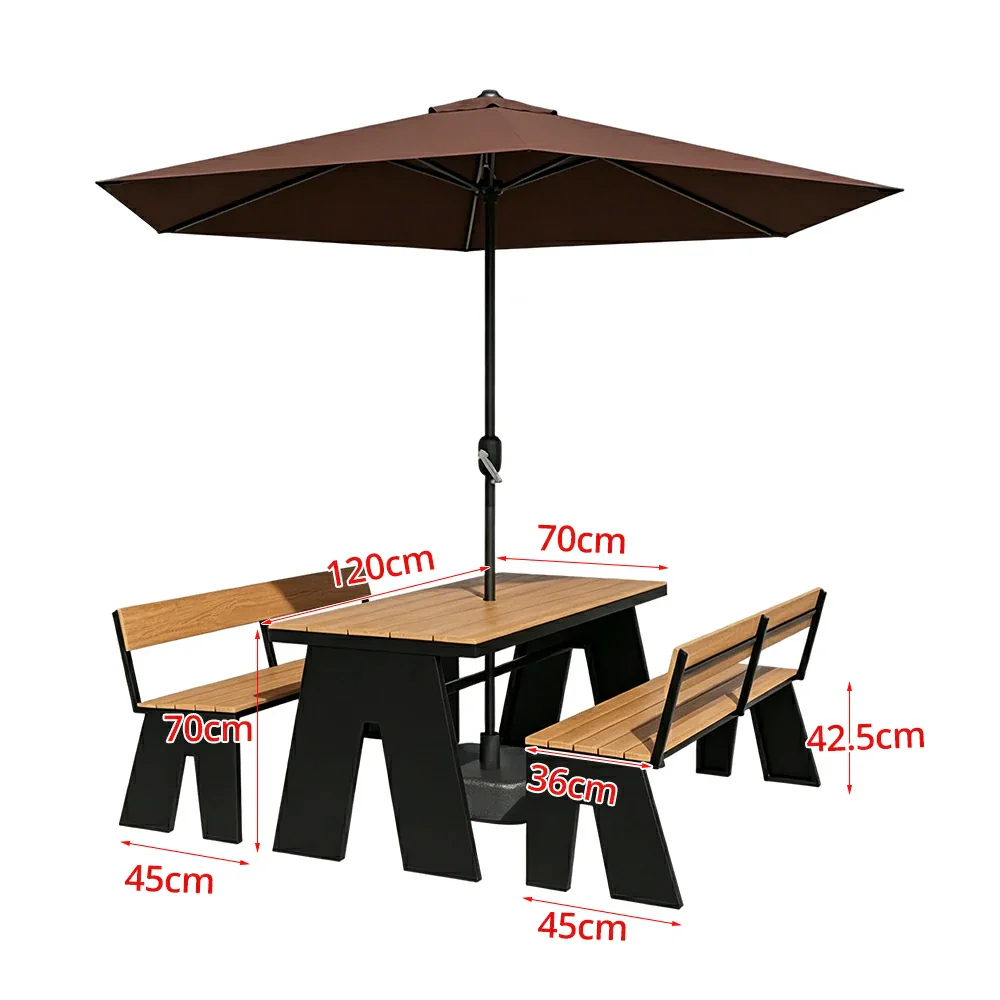 SOLARA Outdoor Table and Bench Set with Umbrella Waterproof WPC and Metal Frame 120/140/160cm for Garden Patio Hotel - Black - Image 6