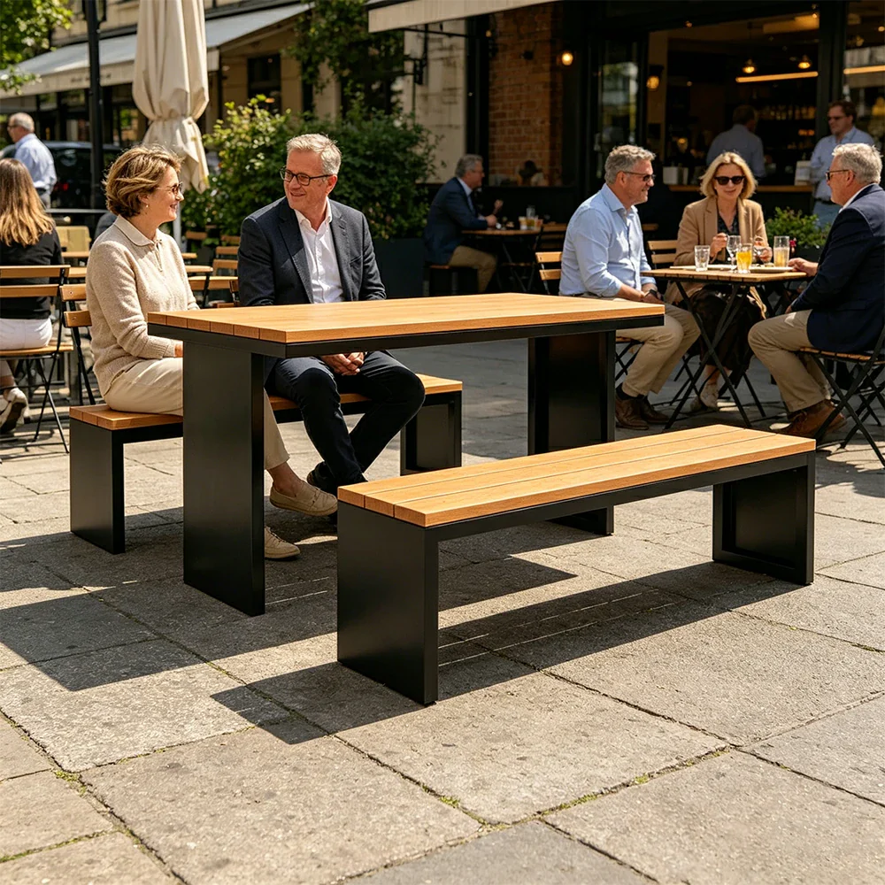 SOLARA Outdoor Table Bench Set Heavy Duty Metal Frame 120/140/160cm Patio Garden Cafe Use - Black - Image 5
