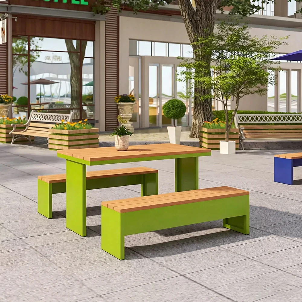 SOLARA Outdoor Table Bench Set Heavy Duty Metal Frame 120/140/160cm Patio Garden Cafe Use - Green - Image 2