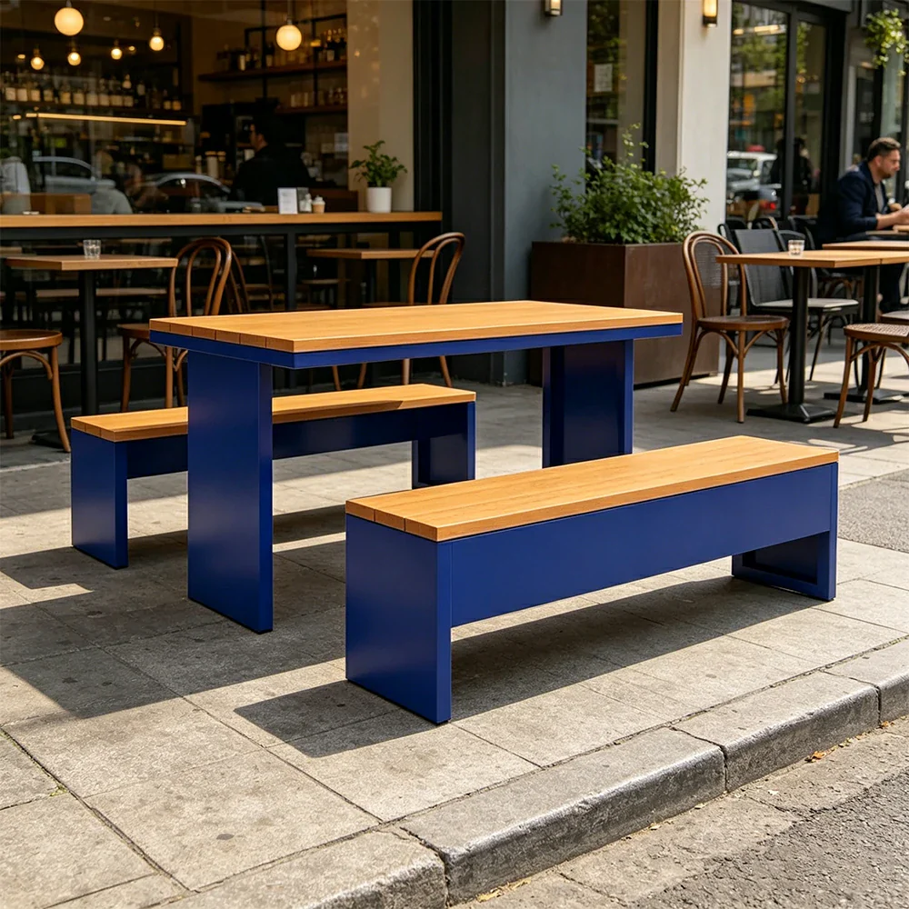 SOLARA Outdoor Table Bench Set Heavy Duty Metal Frame 120/140/160cm Patio Garden Cafe Use - Blue - Image 2
