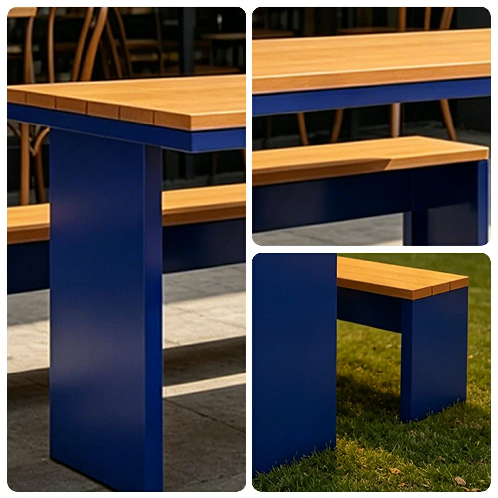 SOLARA Outdoor Table Bench Set Heavy Duty Metal Frame 120/140/160cm Patio Garden Cafe Use - Blue - Image 3