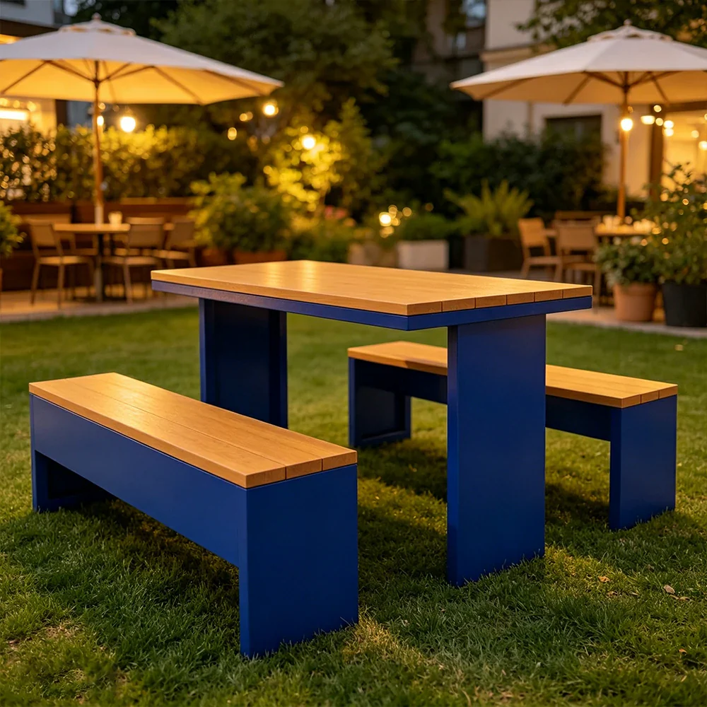 SOLARA Outdoor Table Bench Set Heavy Duty Metal Frame 120/140/160cm Patio Garden Cafe Use - Blue - Image 4