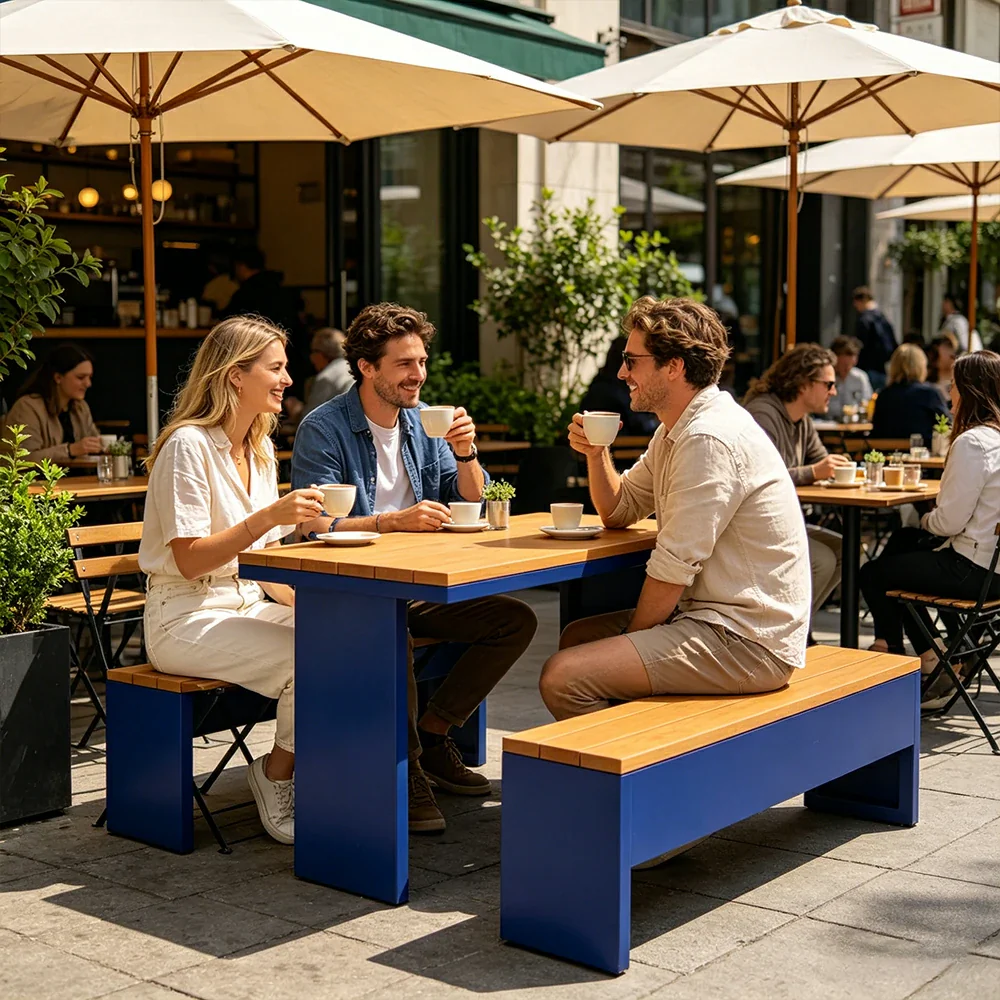 SOLARA Outdoor Table Bench Set Heavy Duty Metal Frame 120/140/160cm Patio Garden Cafe Use - Blue - Image 5
