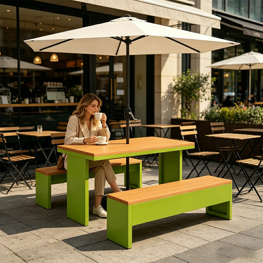SOLARA Outdoor Table Bench Set with Umbrella Heavy Duty Metal Frame 120/140/160cm Patio Garden Cafe Use - Green - Image 5