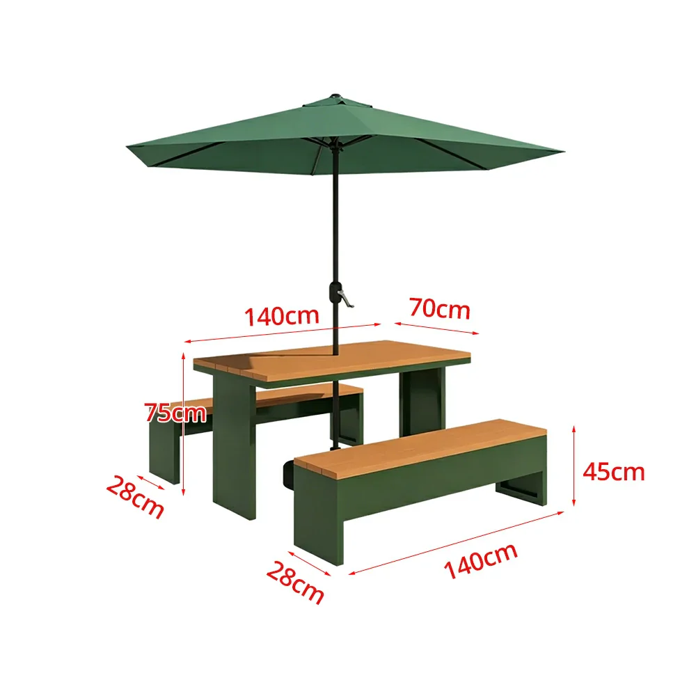 SOLARA Outdoor Table Bench Set with Umbrella Heavy Duty Metal Frame 120/140/160cm Patio Garden Cafe Use - Dark Green - Image 7
