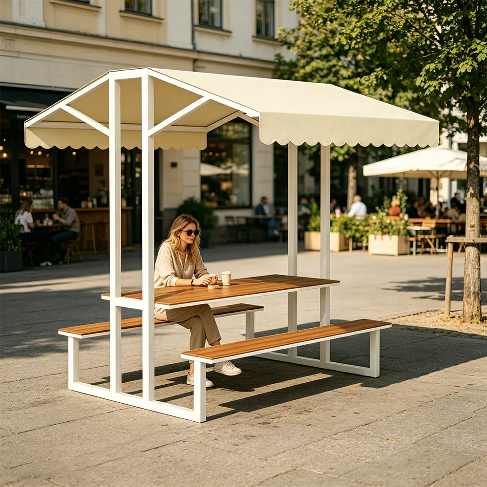 SOLARA Outdoor Table Bench Set with Canopy Metal Frame WPC Surface 120/160/200cm for Patio Garden Cafe - White - Image 3