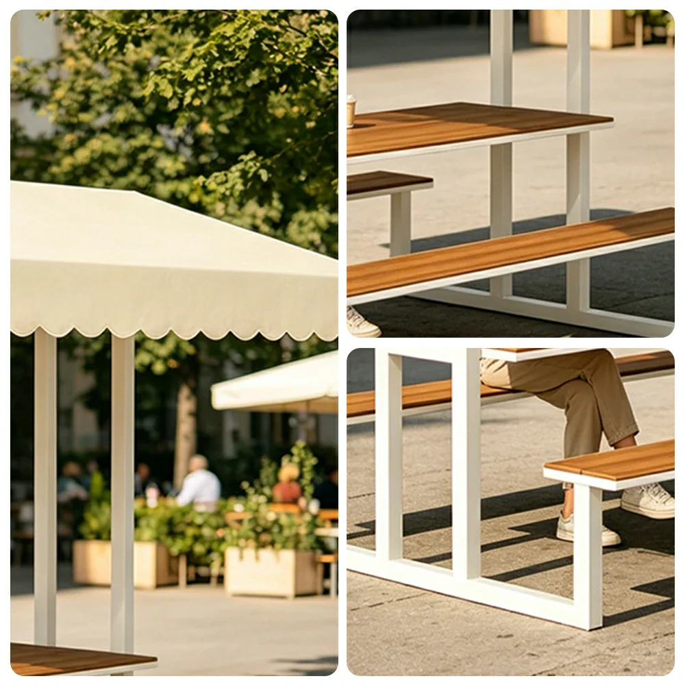 SOLARA Outdoor Table Bench Set with Canopy Metal Frame WPC Surface 120/160/200cm for Patio Garden Cafe - White - Image 4