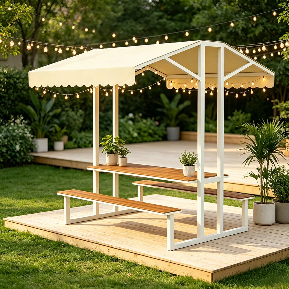 SOLARA Outdoor Table Bench Set with Canopy Metal Frame WPC Surface 120/160/200cm for Patio Garden Cafe - White - Image 5