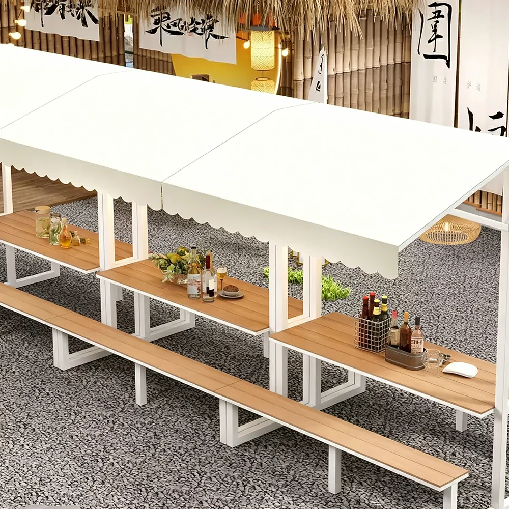 SOLARA Outdoor Table Bench Set with Canopy Metal Frame WPC Surface 120/160/200cm for Patio Garden Cafe - White - Image 6