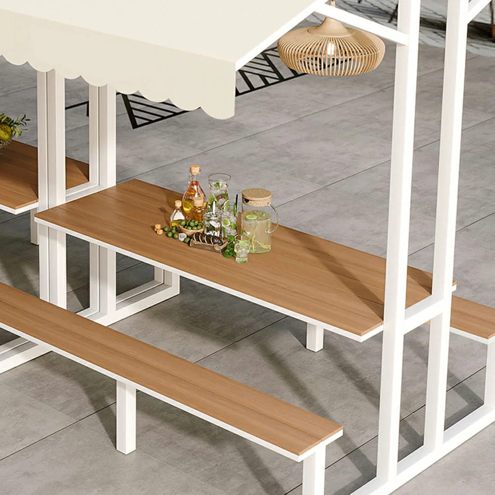 SOLARA Outdoor Table Bench Set with Canopy Metal Frame WPC Surface 120/160/200cm for Patio Garden Cafe - White - Image 7
